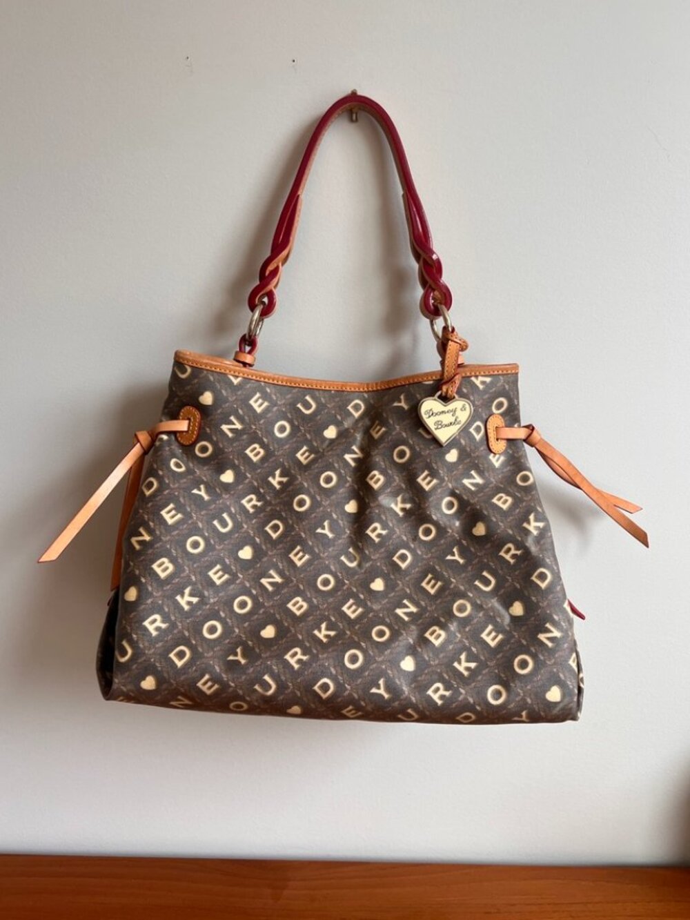Dooney & Bourke Brown Monogram Heart Tote Shoulder Bag - Red Strap